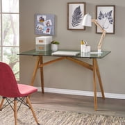 MIDODO 50 Inch Glass Dining Table, Modern Rectangular Glass Table with Transparent Tempered Glass Table Top and Acacia Wood Legs