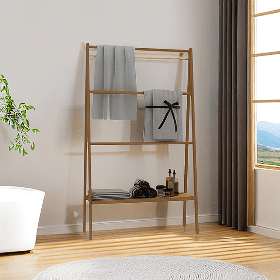 MIDODO 52 Inch Solid Bamboo Freestanding Towel Rack, Bathroom Folding Towel Drying Stand with Bottom Storage Shelf