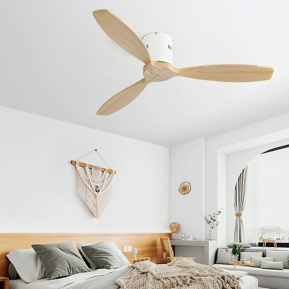 MIDODO 52'' Wood Ceiling Fan No Light, Indoor Outdoor Ceiling Fan with Remote, Noiseless Reversible DC Motor 3 Blade Ceiling Fan Without Light for Farmhouse Patio Living Room Bedroom