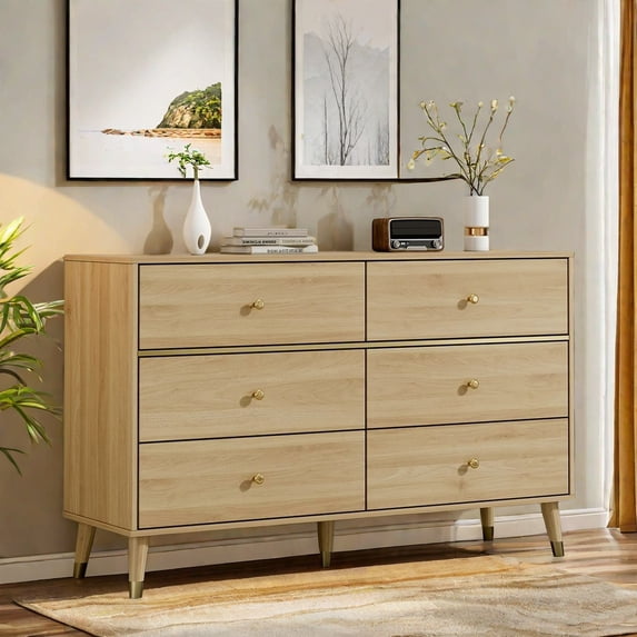 MIDODO 6 Drawer Dresser with 4 Foldable Drawer Dividers, Wood Mid Century Modern Chest of Drawers, Dresser TV Stand, Storage Drawer Organizer