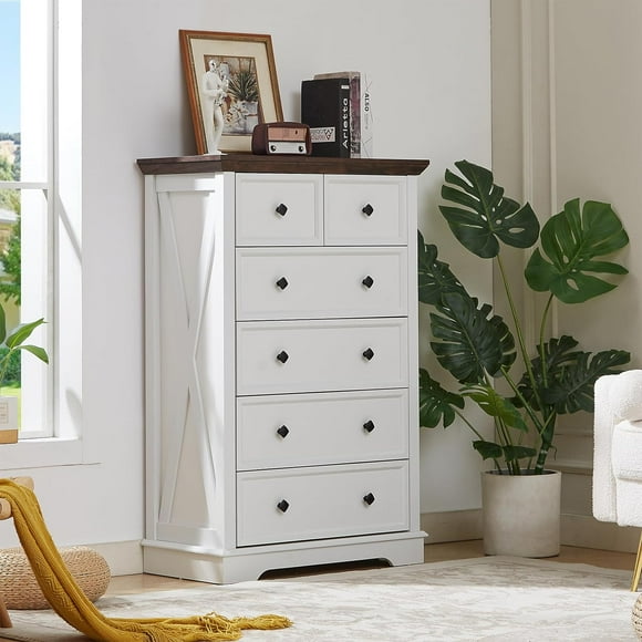 MIDODO 6 Drawers Dresser Chests for Bedroom, 48 in Wood Farmhouse Tall Chest of Drawers Storage Cabinet