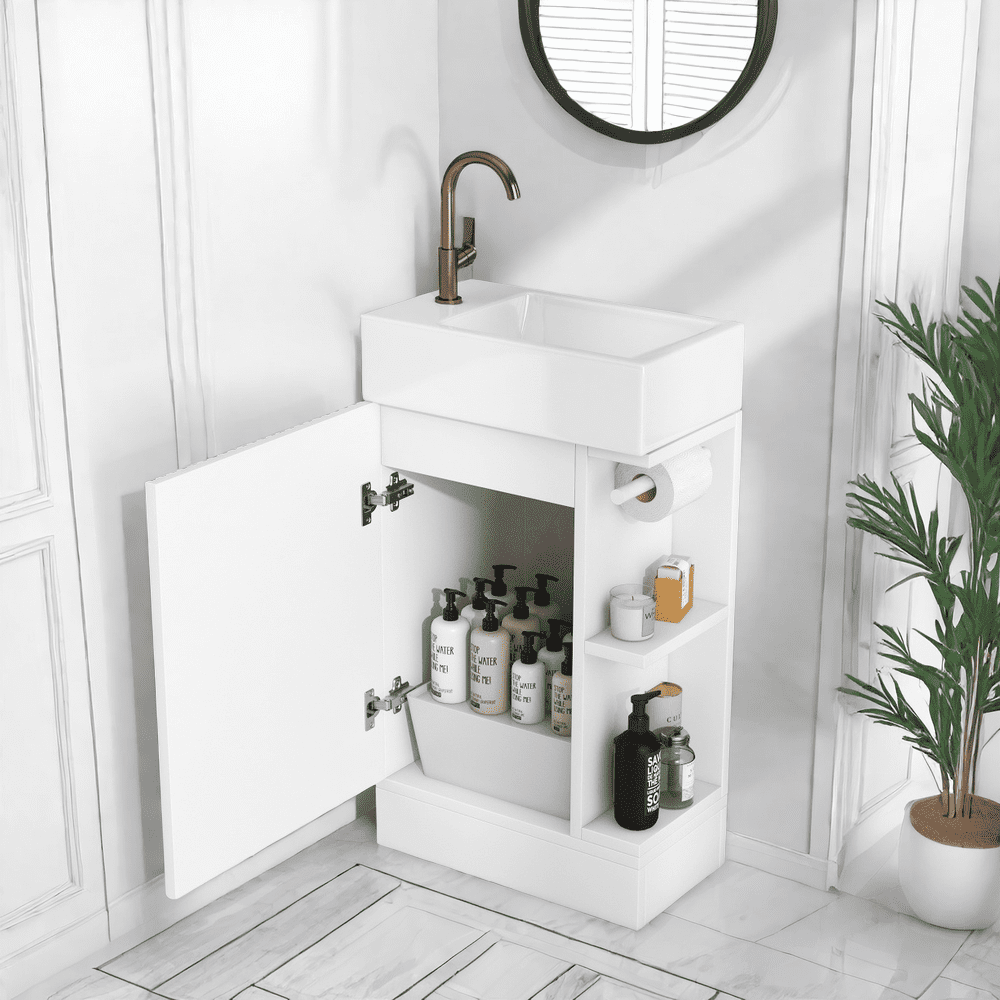 MIDODO Bathroom Vanity with Sink, 18.6" Freestanding Bathroom Vanity Cabinet with Toilet Paper Holder & 1 Door