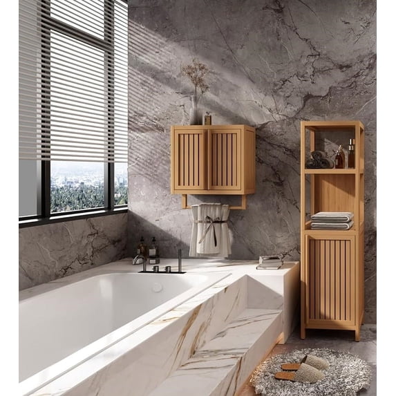 MIDOQIN Bathroom Wall Cabinet, Wooden Medicine Cabinet with Doors and Towel Bar, Over The Toilet Storage Organizer