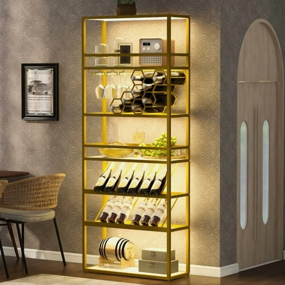 MIDODO Bottles Tall Wine Bar Rack Cabinet with Led Lights, 6 Tier Metal Multi-Purpose Standing Floor Liquor Stand with Glass Rack for Home, Restaurant