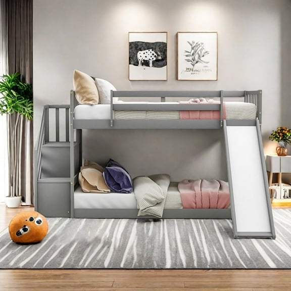 MIDODO Bunk Bed Twin Over Twin Size, Wooden Bunk Bed Frame with Convertible Slide, Storage Stairway & Safety Guardrail, Low Bunk Bed for Juniors Youths Teens