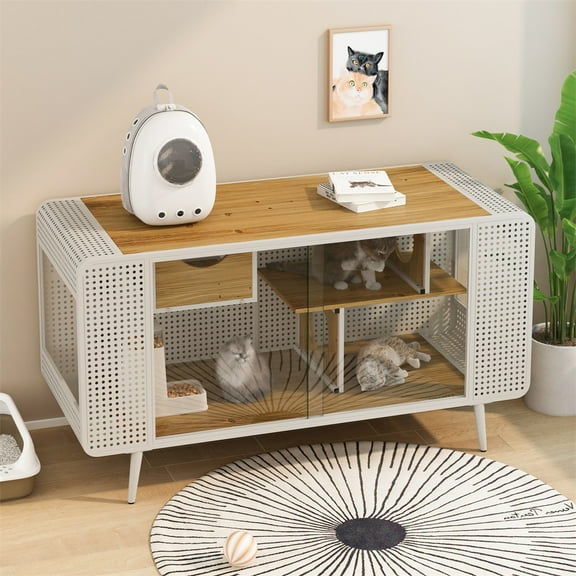 MIDODO Cat Cabinet House Furniture with Glass Large Multi-Function Cat House with Scratch Pad, Wood Indoor Cat Furniture Pet Villa Indoor for TV Stand, Living Room