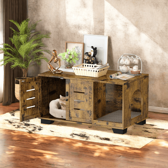 MIDODO Cat Litter Box Enclosure, Hidden Litter Box Furniture with Scratching Pad Cat Washroom Cat House Table for Living Room