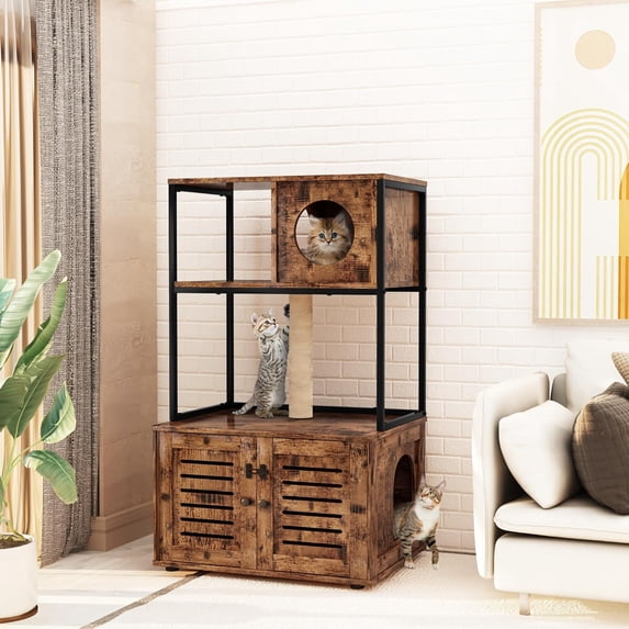 MIDODO Cat Litter Box Enclosure with Shelves and Door, Hidden Cat Washroom Cabinet Furniture with Scratching Posts,Platform,Elevated Cat Feeding Bow