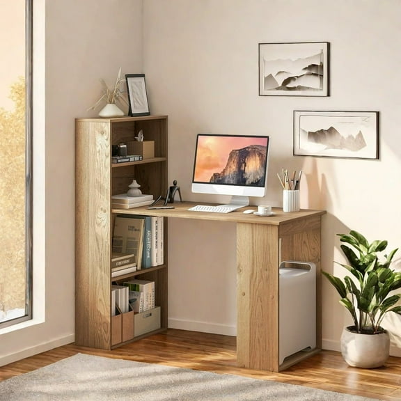 MIDOQIN  Computer Desk with Bookshelf, Writing Study Desk with Storage Shelves & CPU Stand, Modern Compact Computer Workstation