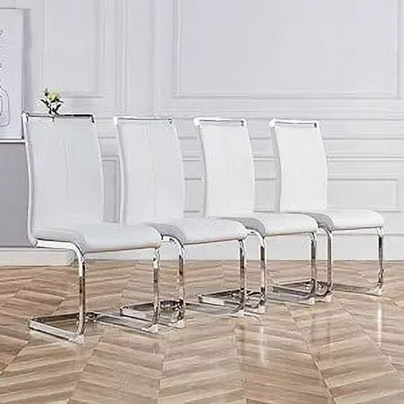 MIDODO Dining Chairs Set of 4, PU Faux Leather Kitchen Dining Side Chair with High Back, C-Shaped Tube Chrome Metal Legs Dining Chair Upholstered Seat Side Chairs
