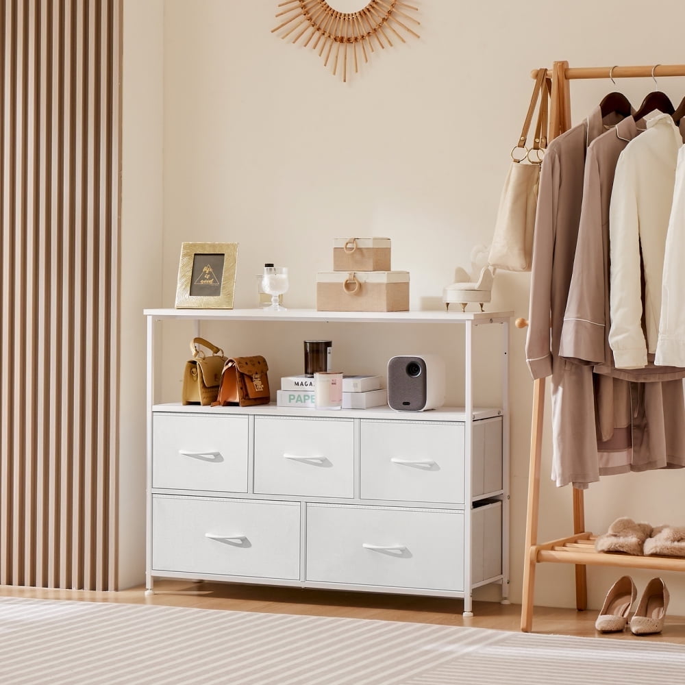 MIDOQIN Dresser for Bedroom Wide Drawer Dresser Organizer Storage Drawers with 5 Drawers, Chest of Drawers with Open Shelves for TV up to 45 inches TV Stand