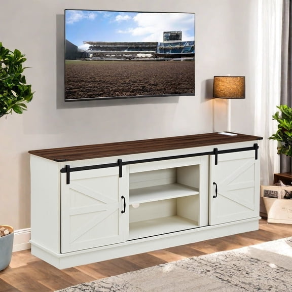 MIDODO Farmhouse TV Stand for TVs up to 75-inch, Modern Entertainment Cente with Outlets & sliding barn door TV Console Table