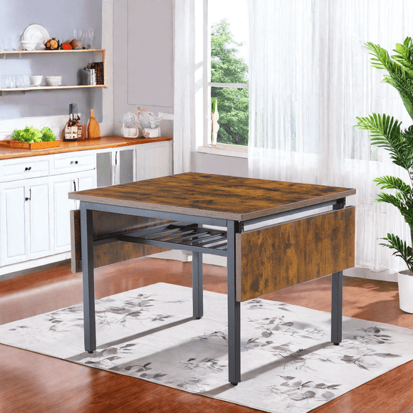 MIDODO Folding Dining Table for 4-6 People, Drop Leaf Table with Storage Rack Extendable Kitchen Dinner Table for Small Spaces