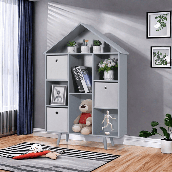 MIDODO Kids Bookshelf, Wooden Bookcase with 3 Storage Bins, Freestanding Display Book Shelves for Boys Girls