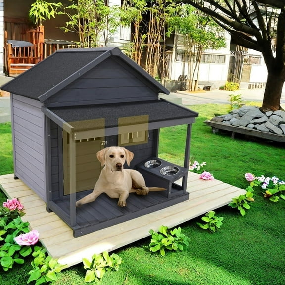 MIDODO Large Dog House Outdoor, Solid Wood Asphalt Roof Dog Kennel with Terrace, Weatherproof Puppy Shelter for Small Medium Dogs