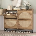 thumbnail image 1 of MIDODO Large Rattan Shoe Storage Cabinet with 4 Flip Drawers,  Freestanding Shoe Organizer with Metal Legs for Entryway, Hidden Golden Handles, Narrow Shoe Rack Cabinet, 1 of 8