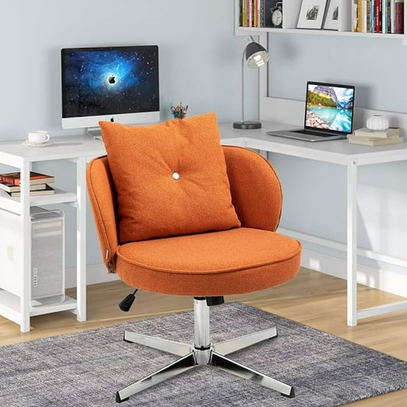 MIDODO Linen Fabric Armless Office Desk Chair No Wheels, Modern Makeup Vanity Criss Cross Chair, Mid Back Ergonomic Adjustable Swivel Computer Task Chair