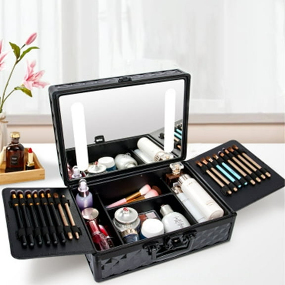 MIDODO Makeup Train Case, Portable Cosmetic Box with LED Mirror Travel Beauty Cosmetic Box Organizer Box with Locks, Brush Holder, Dividers, Rechargeable
