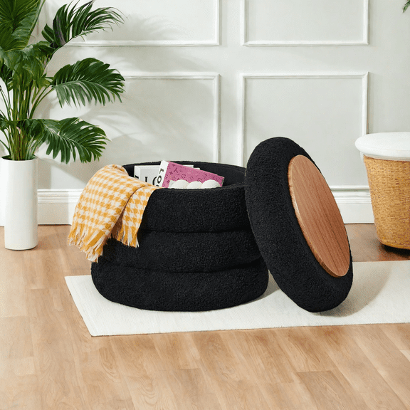 MIDODO Modern Round Storage Ottoman, Sherpa Footstool, Multifunctional Teddy Vanity Stool with Flip-Top Tray, Makeup Chair