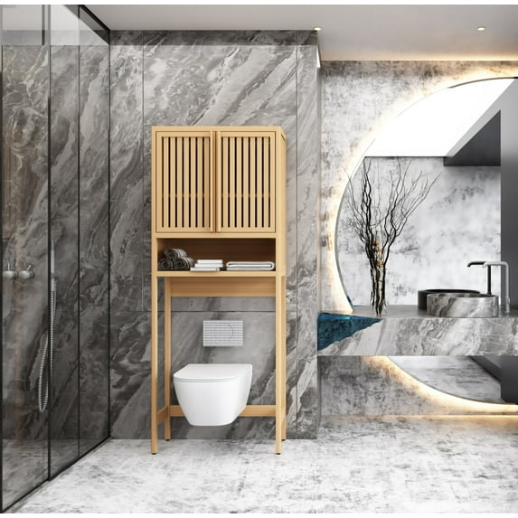 MIDODO Over the Toilet Storage Cabinet, 65inch Bamboo Elegant Bathroom Space Saver Shelf, Freestanding Above Toilet Stand for Bathroom, Restroom