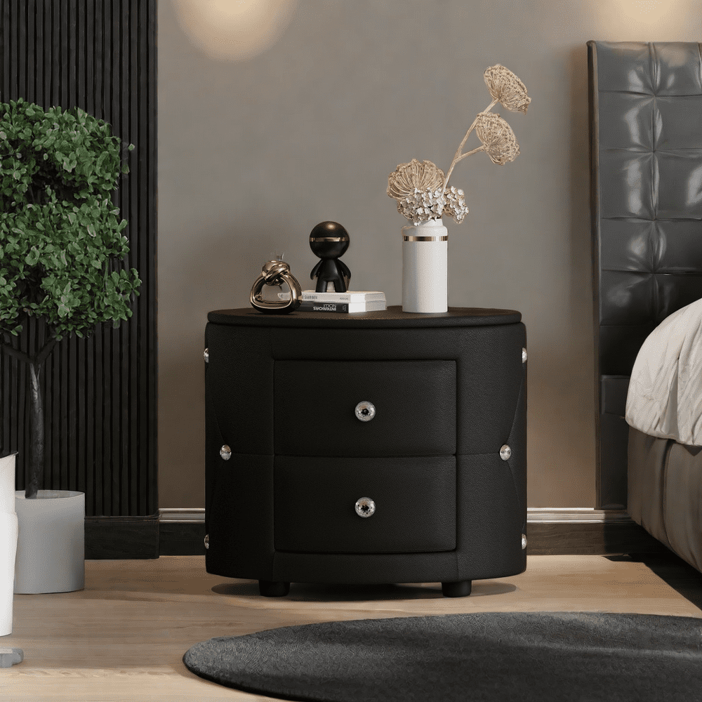MIDODO PU Leather Nightstand Blacklack Elegant Bedside Table with 2 Drawers and Crystal Handle