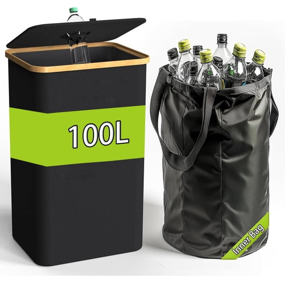 MIDODO Recycling Bin for Kitchen Indoor Home, Large 26 Gallon 100L Recycle Bin with Lid Removeable Reusable Inner Bag for Bottle Can Plastice Stickers
