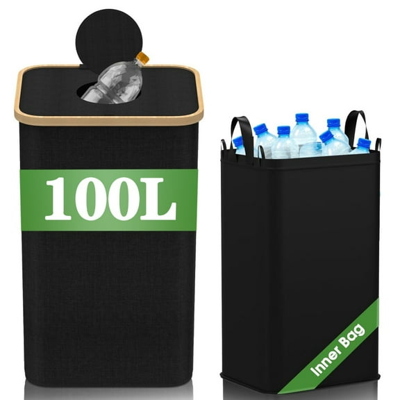 MIDODO Recycling Bin for Kitchen 26 Gallon, 100L Household Bottle Items Collection Container with Reusable Inner Bag