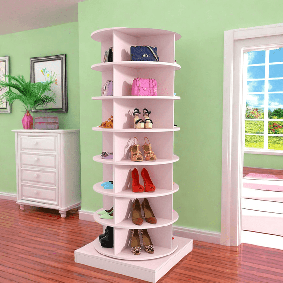 MIDODO Rotating Shoe Rack Tower, Wooden 7-Tier Spinning Shoe Rack, Free Standing 360 Revolving Shoe Organizer, Lazy Susan Shoe Rack