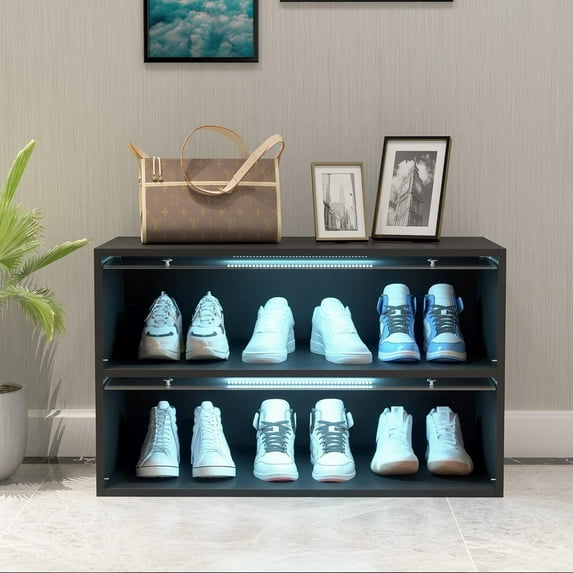 MIDODO Shoe Storage Box with Glass Door, Shoe Organizer Storage Box with RGB Led Light & APP Control Shoe Storage Bin Cabinet