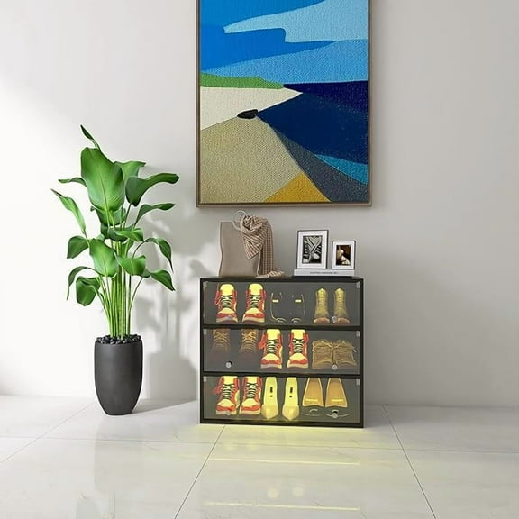 MIDODO Shoe Storage Box with Glass Door, Shoe Organizer Storage Box with RGB Led Light & APP Control Shoe Storage Bin Cabinet