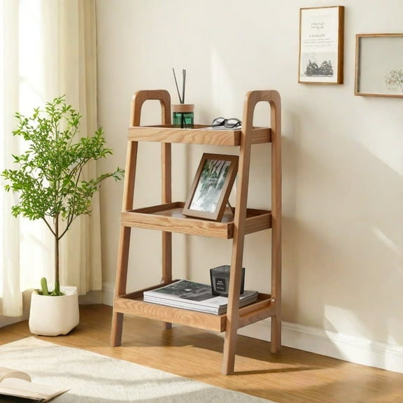 MIDODO Solid Oak Small Ladder Bookshelf - Versatile Design Narrow End Table with 3-Tier Open Storage Ladder Shelf for Living Room, Bedroom