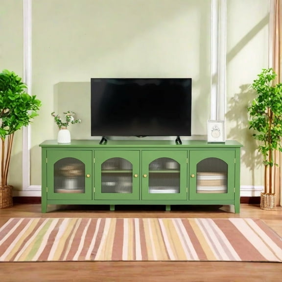 MIDODO TV Stand Console Table for TVs up to 70 Inches, Antique Solid Wood Entertainment Center with 4 Glass Doors Pine Frame Media Console