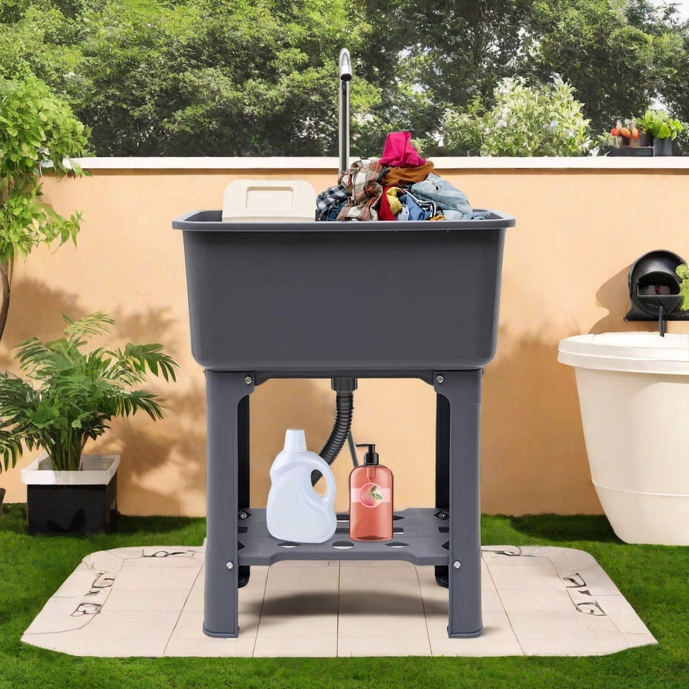 MIDODO Utility Sink Laundry Tub, Sanitation Station Indoor Outdoor Utility Sink with 360° Rotating Faucet Large Free Standing Wash Station
