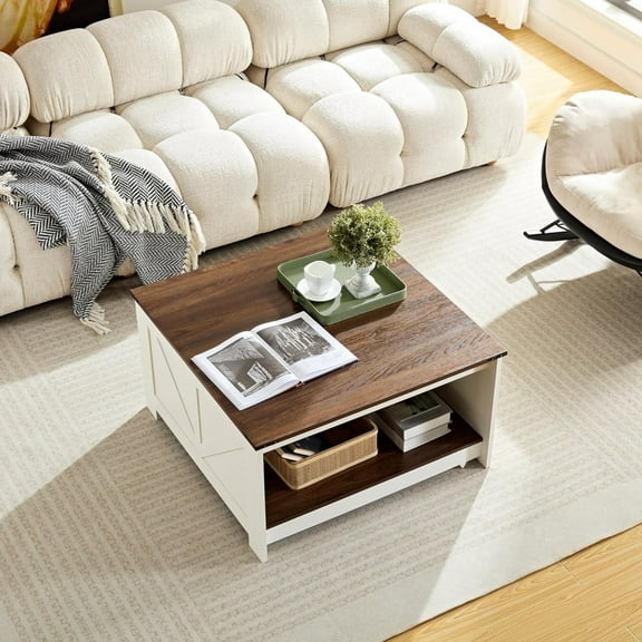 MIDODO Wood Coffee Table, Farmhouse Square Center Table with Storage Cocktail Table with Half Open Storage Compartment Living Room Table