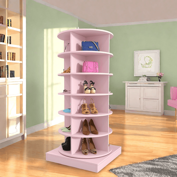 MIDODORotating Shoe Rack Tower, Wooden 6-Tier Spinning Shoe Rack, Free Standing 360 Revolving Shoe Organizer, Lazy Susan Shoe Rack