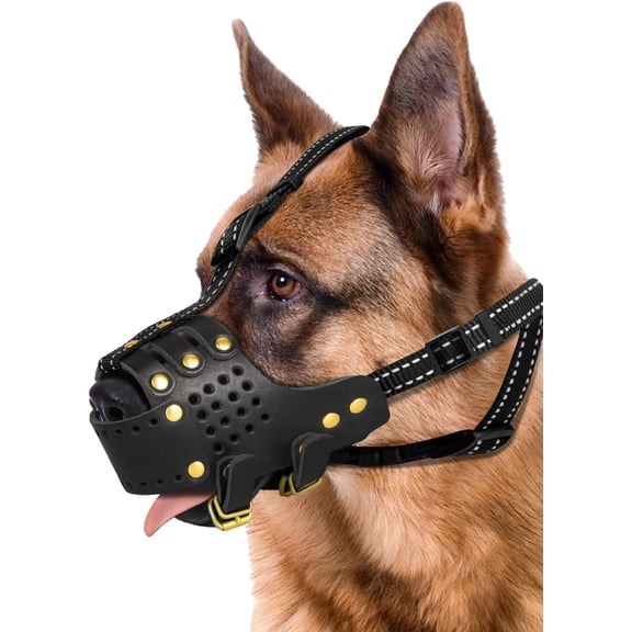 MIDOG Dog Muzzle for X-Large Dogs, Genuine Leather Muzzles with Reflective Adjustable Straps, Quick-Release Buckle and Metal Hardware, Breathable Dog Mouth Guard for Panting, Drinking and Feeding