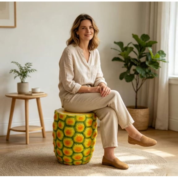 MIDOQIN 14 Inch Pineapple Shaped Stool, Resin Side Table Home Decor Plant Stand with Realistic Sliced Top, Nightstand Bedside Table End Table for Balcony, Living Room