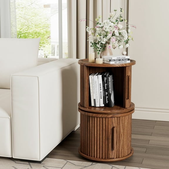 MIDOQIN 2-Piece Round Coffee Table Set, 15.7" Fluted Roman Column Nesting Tables with Hidden Sliding Door Storage, Nightstand Bedside Table End Side Table, Walnut