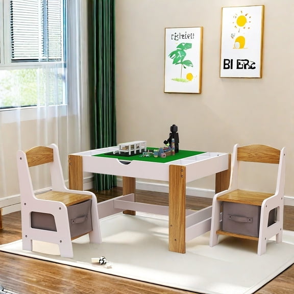 MIDOQIN 2-in-1 Kids Table and Chair Set Compartments, Compatible with LEGO Building Block Modern Toddler Table and Chair Set Wood Activity Table with 2 Chairs for Children Reading