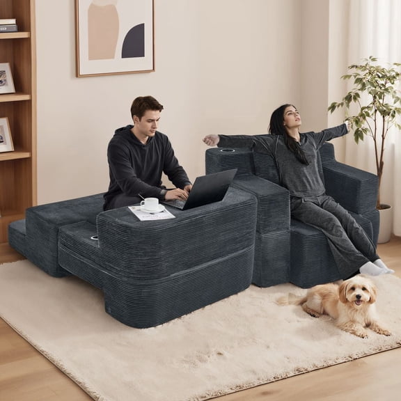 MIDOQIN 2-in-1 Sofa Accent Chair, 45" Corduroy Upholstered Reading Chair Couch Convertible Computer with Desk Cup Holder for Home Office, Studio, or Dormitory, Dark Gray