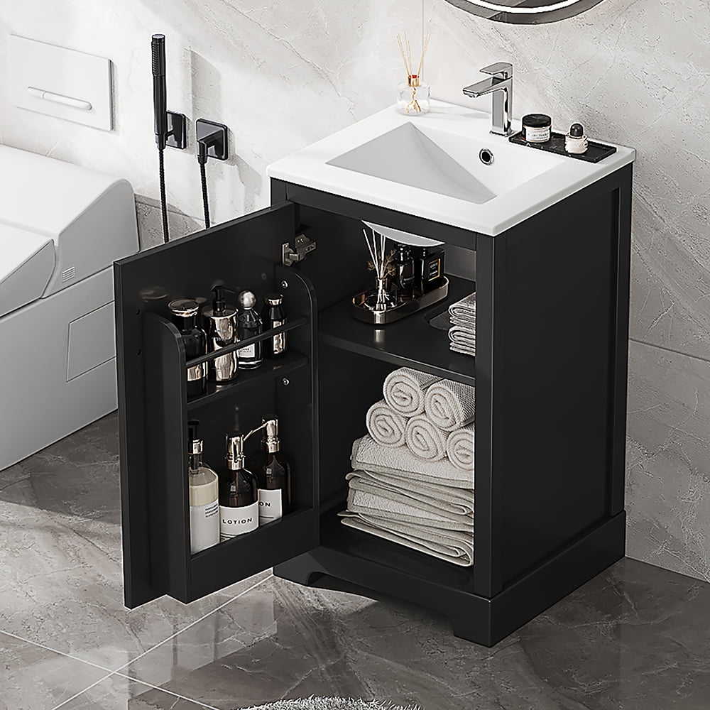MIDOQIN 20" Bathroom Vanity with Sink, Free Standing Single Basin Vanity Set with Storage Rack Shelf & One Drawer, Wooden Bathroom Cabinet with Ceramic Basin