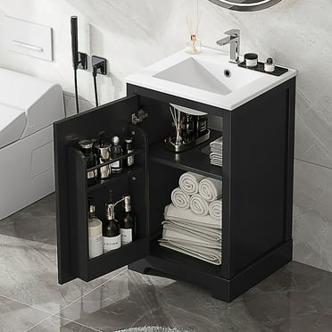 MIDOQIN 20" Bathroom Vanity with Sink, Free Standing Single Basin Vanity Set with Storage Rack Shelf & One Drawer, Wooden Bathroom Cabinet with Ceramic Basin