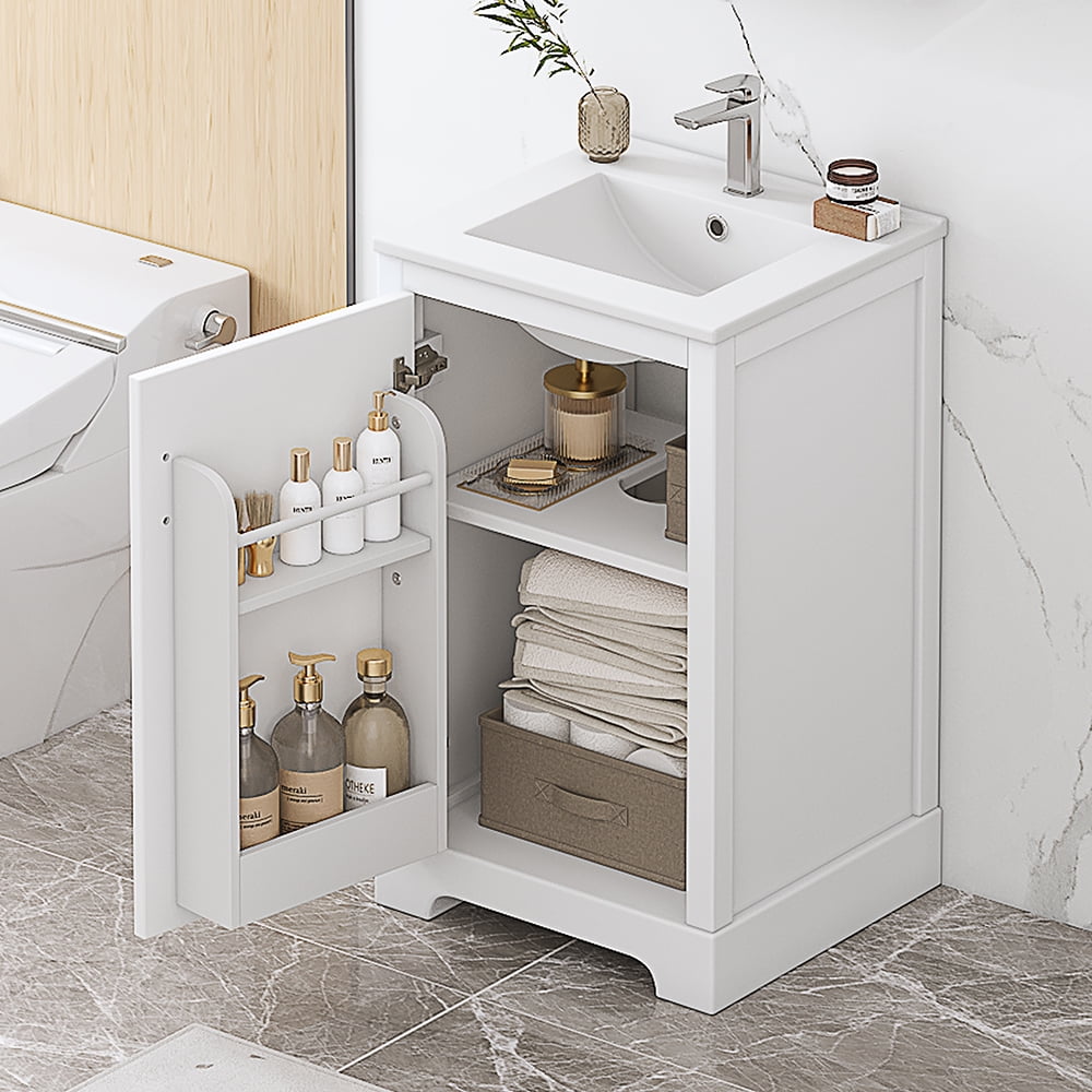 MIDOQIN 20" Bathroom Vanity with Sink, Free Standing Single Basin Vanity Set with Storage Rack Shelf & One Drawer, Wooden Bathroom Cabinet with Ceramic Basin