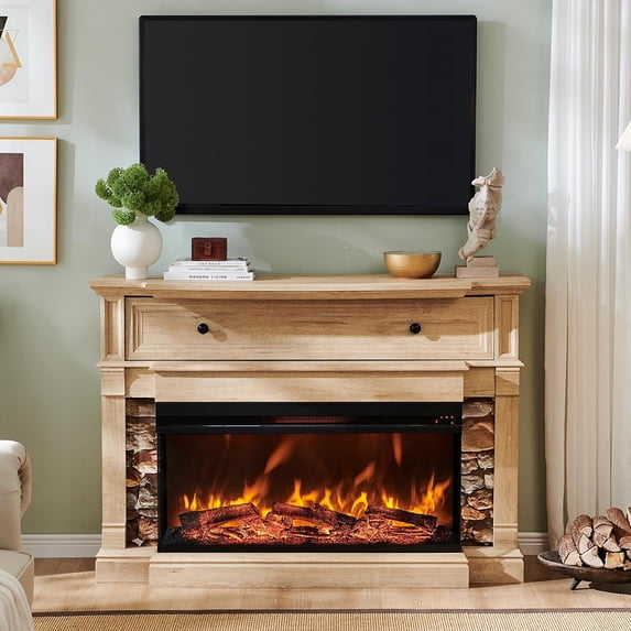 MIDOQIN 3-Sided Glass Electric Fireplace TV Stand for TVs up to 65'', 52'' Fireplace with Mantel, 36'' Tall Highboy Farmhouse Entertainment Center with Storage for Living Room