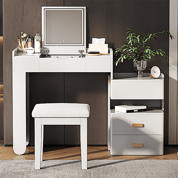 MIDOQIN 3-in-1 Vanity Desk with Flip-Top Mirror and LED Light, Dressing Table with Retractable Cabinet, Drawers & Stool, Multi-Functional Writing Desk for Bedroom or Home Office, White