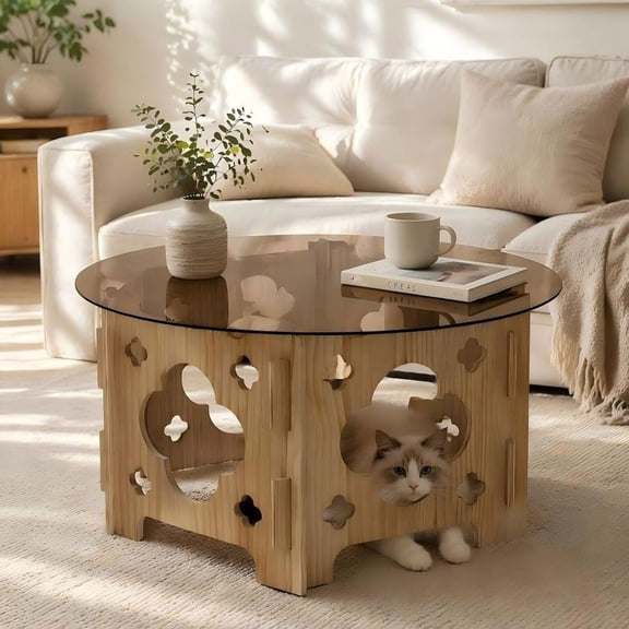 MIDOQIN 31" Round Glass Coffee Table, Circle Coffee Table Center Table with Glass Top and Floral Hollow Wood Base, Small Coffee Table for Living Room, Office