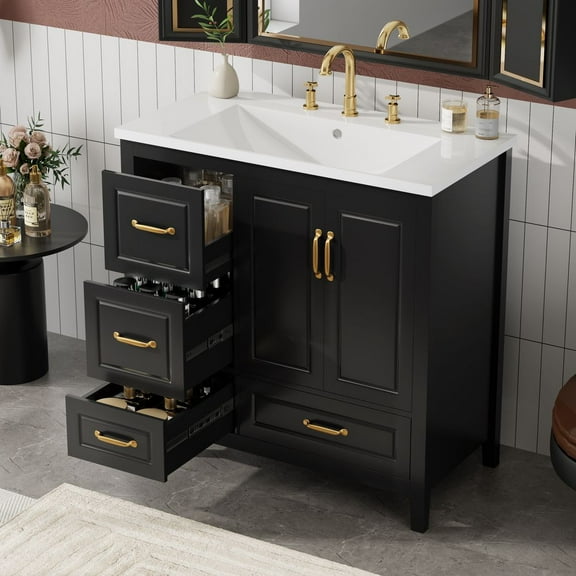 MIDOQIN 36" Bathroom Vanity with Sink, Free Standing Single Basin Vanity Set with Solid Frame & Four Drawer, Wooden Bathroom Cabinet with Ceramic Basin