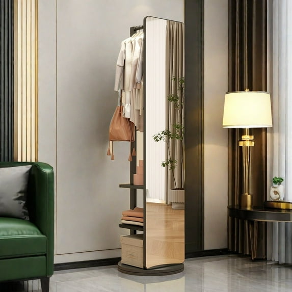 MIDOQIN 360° Rotaty Full Length Mirror, Solid Wood Oversized Floor Mirror with Coat Rack, Full Body Mirror for Bedroom, Entryway, Living Room