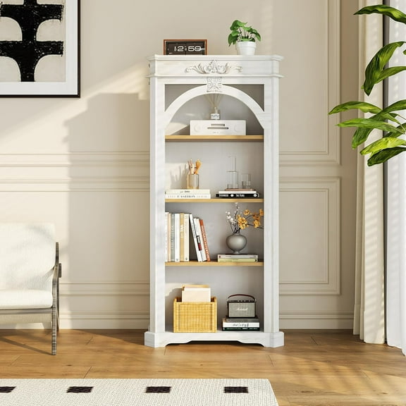 MIDOQIN 4 -Tier Arched Bookshelf, Modern Farmhouse Bookcase, Wood Storage Display Cabinet with Shelves