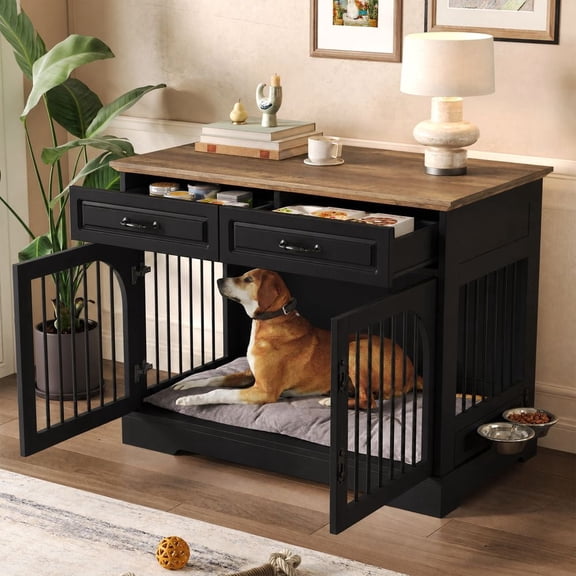 MIDOQIN 43.3'' Dog Crate Furniture, Wooden Dog Kennel Indoor End Side Table with 2 Storage Drawers and Rotating Food Bowls for Medium/Large Dogs, Black Brown